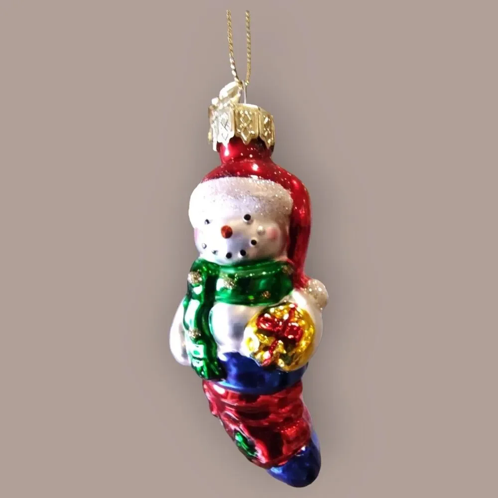 Santa Snowman Christmas Stocking Hand Blown Glass Ornament Thomas Pacconi 2002